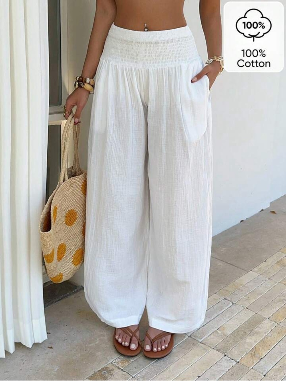 SHEIN White Wide Leg Smocked Waist Cotton Pants